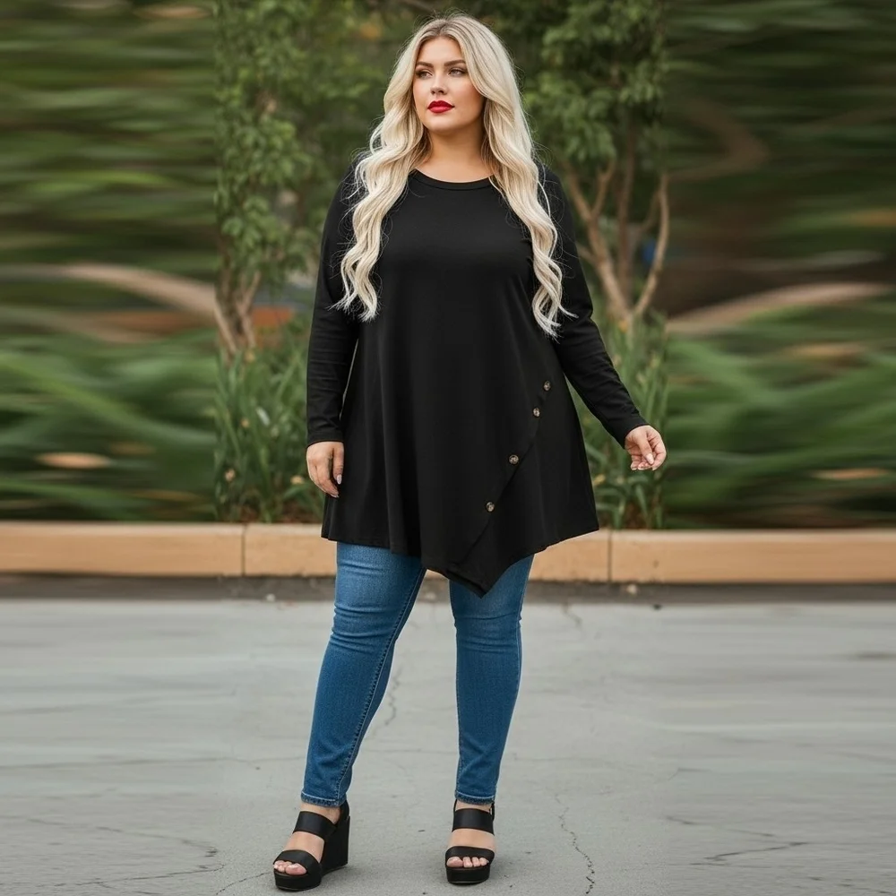 Black Asymmetrical Button Detail Long Sleeve Tunic Top